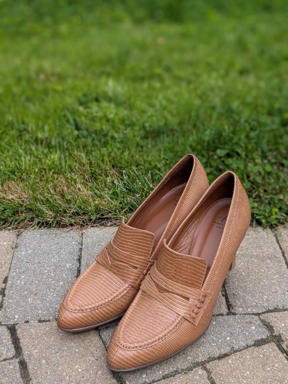 Aquatalia Italian Cognac Tan Lizard Embossed Weatherproof Heeled Loafers Size 10